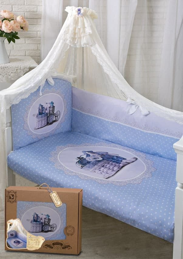 купить Комплект для детской кроватки Зайка с часиками Золотой гусь 7 предметов голубой