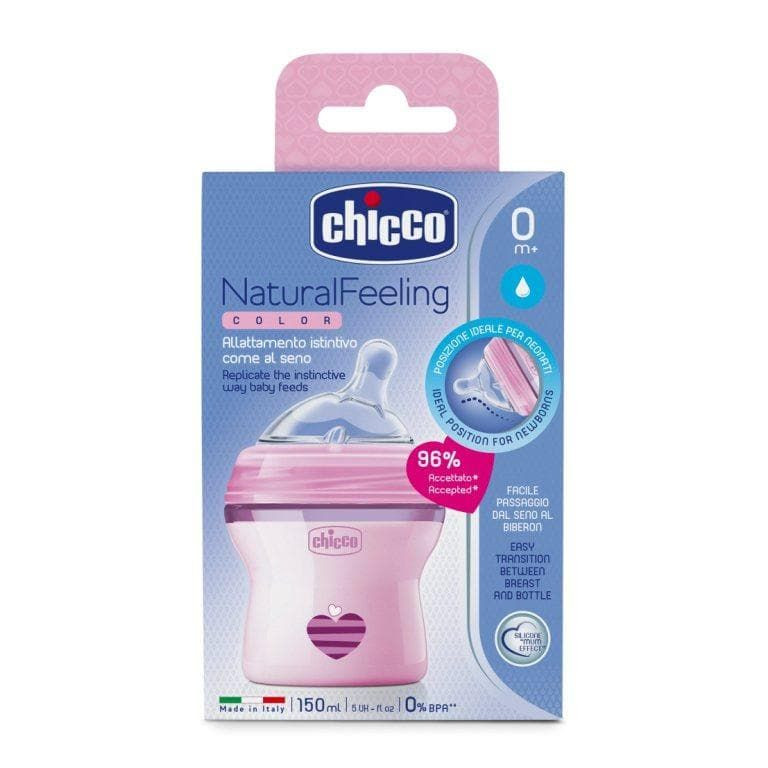 Бутылочка Chicco Natural Feeling от 0 мес силиконовая соска с наклоном и флексорами 150 мл розовая