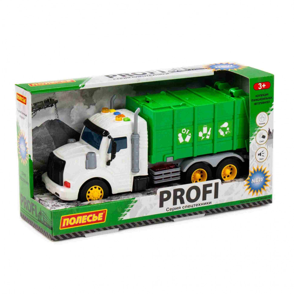 Машинка инерционная Полесье PROFI Мусоровоз зеленый со светом и звуком в коробке