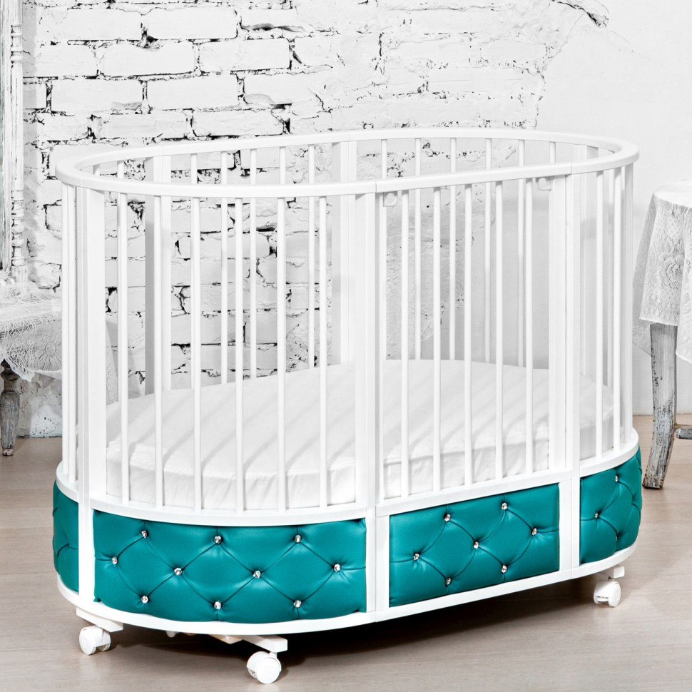 Кроватка детская Островок уюта EVA декор VIP овальная с поперечным маятником бирюза-белый
