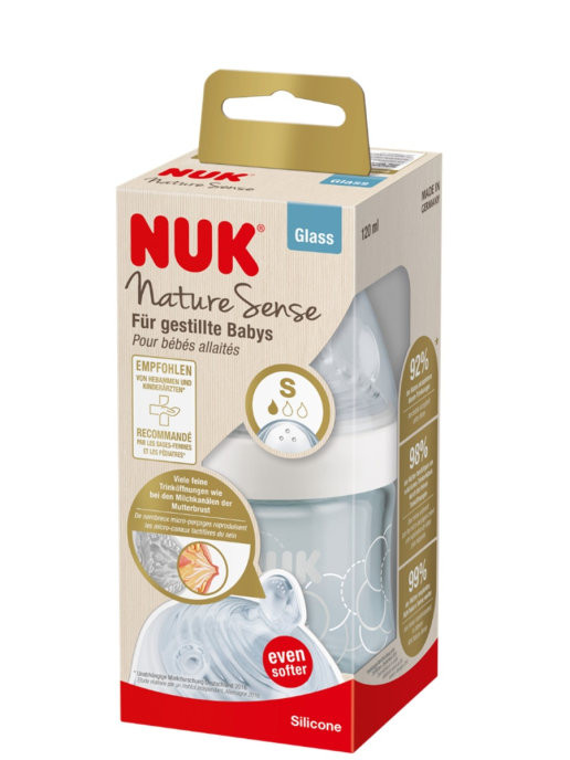 Бутылочка NUK NATURE SENSE 120 мл стекло с соской из силикона с отверстием S размер 1 белая