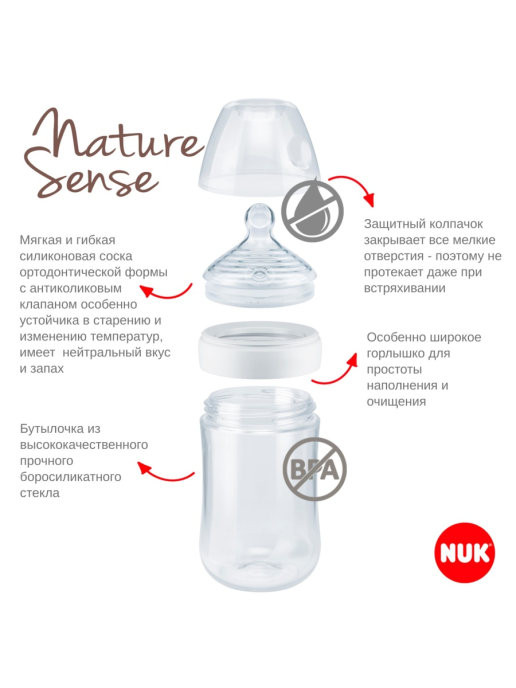 Бутылочка NUK NATURE SENSE 120 мл стекло с соской из силикона с отверстием S размер 1 белая