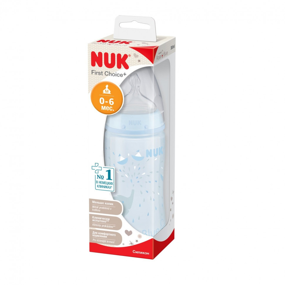 Бутылочка NUK FС+ Baby Blue Слоник 300 мл с индикатором температуры с соской из силикона с отверстием М размер 1