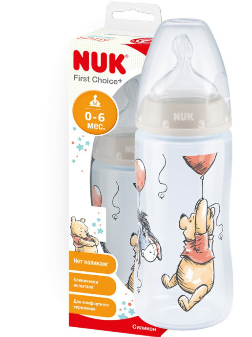 Бутылочка NUK FС+ ДИСНЕЙ Винни 300 мл с соской из силикона с отверстием М размер 1 бежевая
