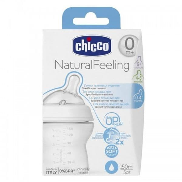 Бутылочка Chicco Natural Feeling (от 0 мес) силиконовая соска с наклоном и флексорами, 150 мл