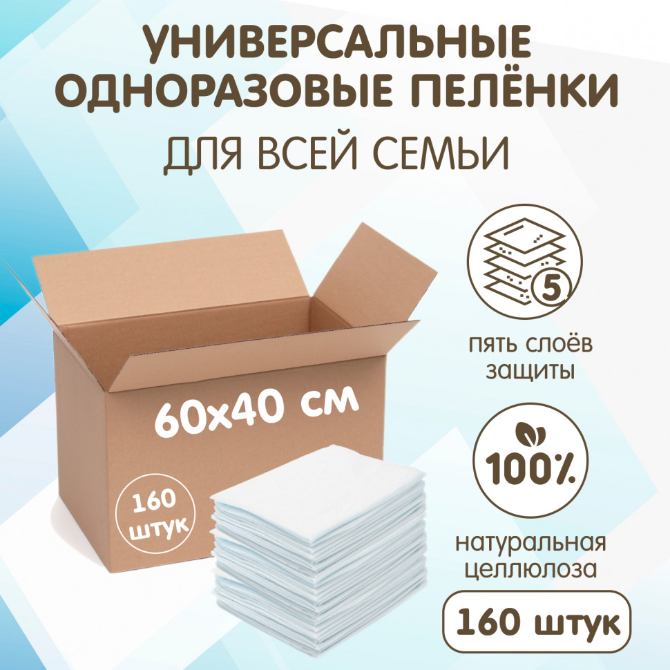 Пеленки INSEENSE Daily Comfort одноразовые впитывающие универсальные 60х40см (160 шт.) в коробке