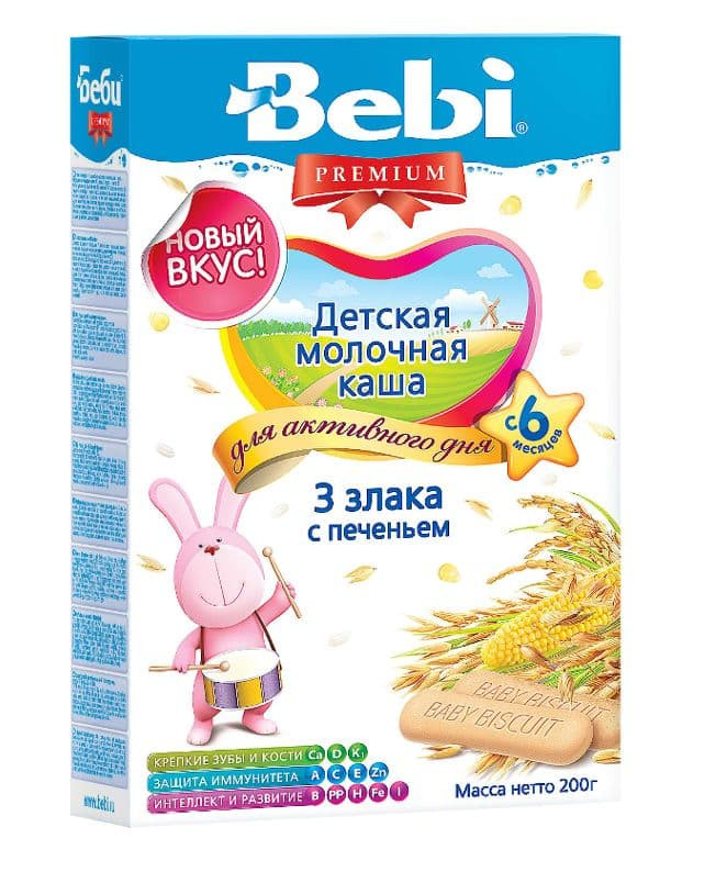 Каша Bebi (Беби) Premium 3 злака с печеньем с 6 мес. 200 г