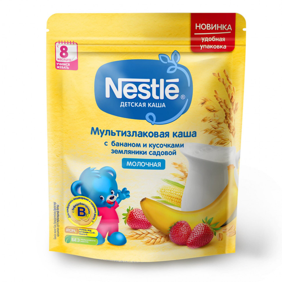 Каша Nestle мультизлаковая с бананом и земляникой 220 г с 8 месяцев Дойпак