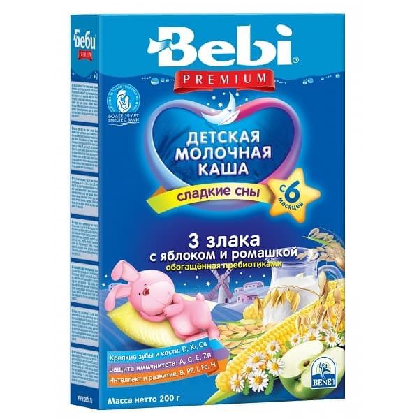 Каша Bebi (Беби) Premium 3 злака яблоко с ромашкой и пребиотиками с 6 мес, 200 г