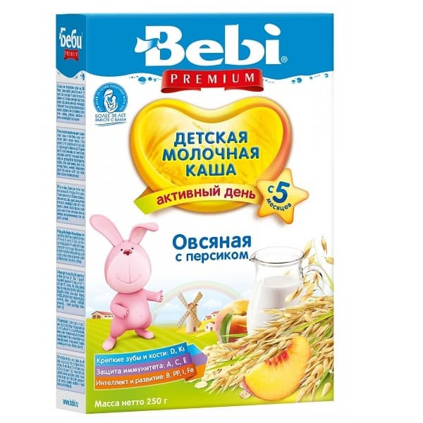 Каша Bebi (Беби) Premium овсянка с персиком и молоком с 5 мес. 250 г