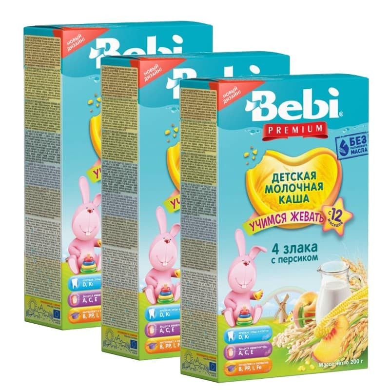 Каша Bebi Premium 4 Злака персик с 12 мес 200 гр набор из 3 шт