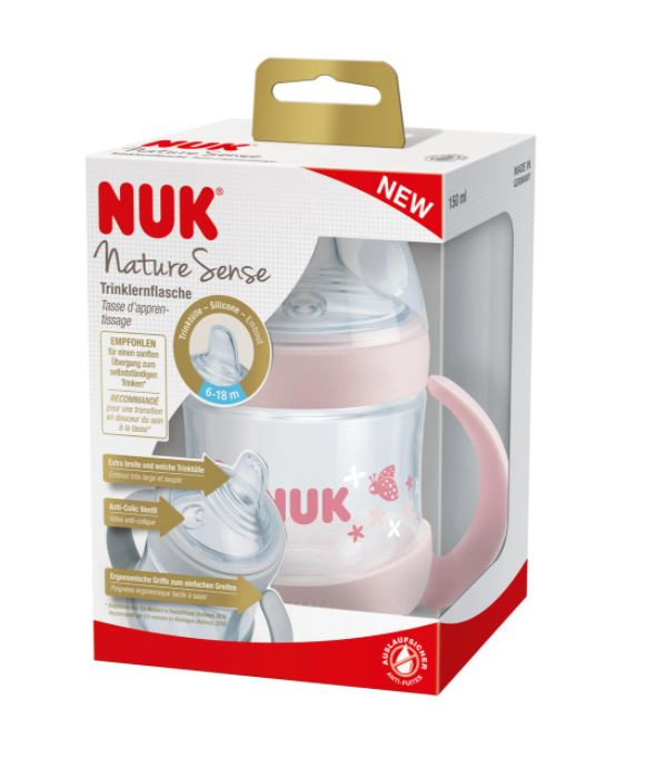 Обучающая бутылочка NUK Nature Sense с насадкой из силикона и ручками розовая 150 мл