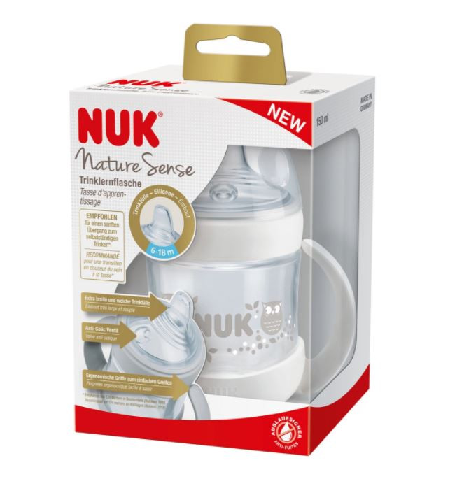 Обучающая бутылочка NUK Nature Sense с насадкой из силикона и ручками белая 150 мл