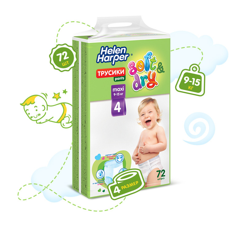 Трусики-подгузники HELEN HARPER Soft&Dry Maxi NEW детские 9-15 кг 72 шт