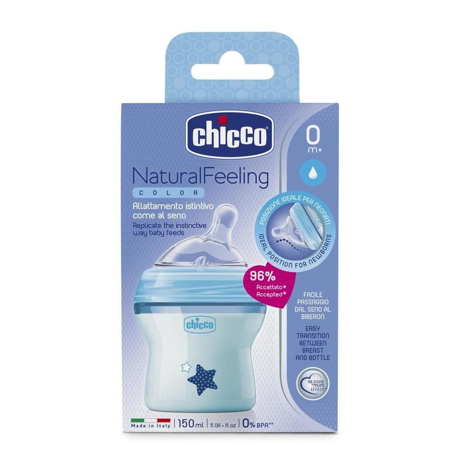 Бутылочка Chicco Natural Feeling силиконовая соска с наклоном и флексорами Голубая 0+ мес 150 мл 310205207