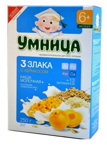 Каша "Умница" молочная 3 злака с абрикосом, с 6 месяцев, 200гр.