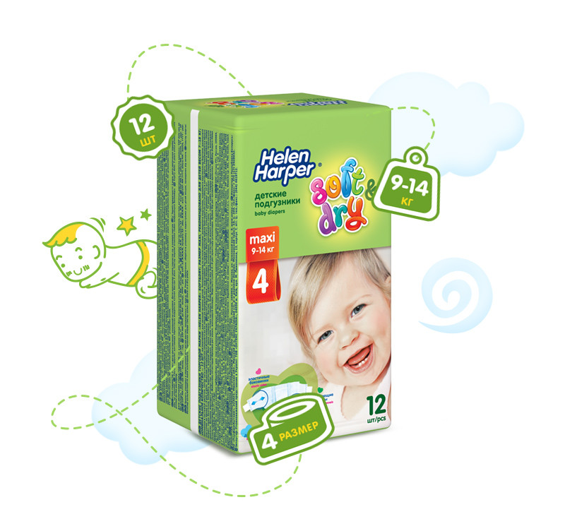 Подгузники HELEN HARPER Soft & Dry maxi детские 9-14 кг 12 шт