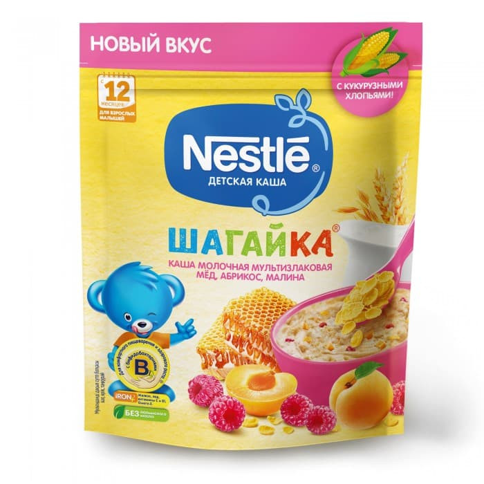 Каша Nestle Шагайка NEW Мультизлак мёд абрикос малина ДОЙПАК с 12мес