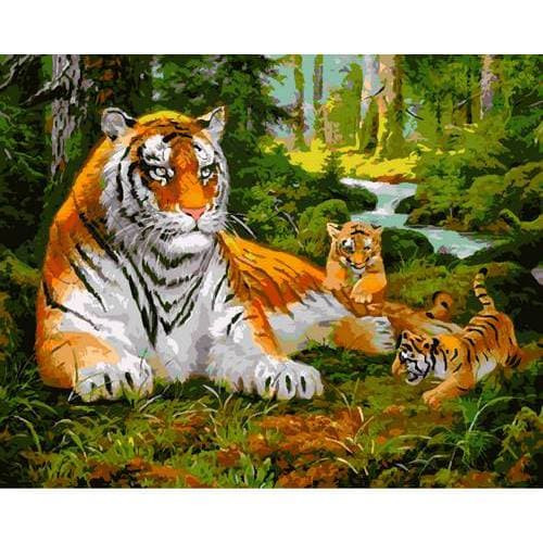 Роспись по холсту Тигр с тигрятами 40х50 см Картина по номерам
