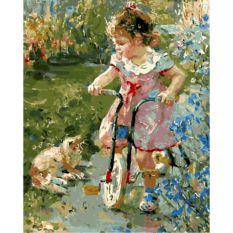Роспись по холсту Девочка на велосипеде 40х50 см Картина по номерам