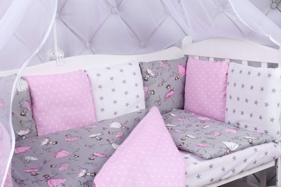Комплект в кроватку AmaroBaby Мечта 15 предметов серый/розовый поплин/бязь