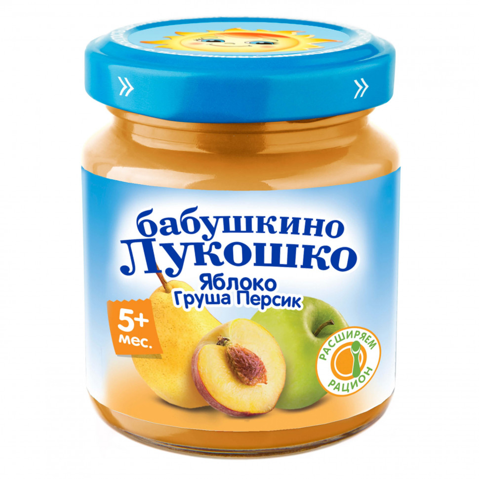 Пюре Бабушкино Лукошко яблоко, груша, персик с 5 месяцев стеклянная банка 100 г 6 шт