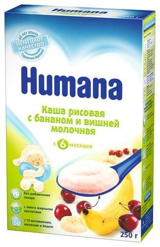 Каша Humana (Хумана) с рисом, бананом и вишней с 6 мес, 250 г, мол. 77434